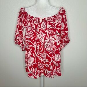 New Knox Rose Womens Red & White Floral Tropical Top Puff Sleeve Size XXL NWT